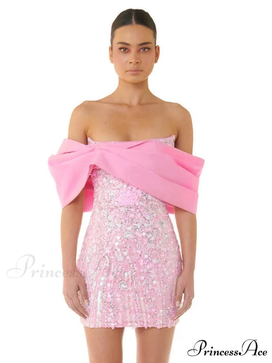 New Sexy Off Shoulder Sequins Pink Slash Neck Sparkly Elegant Christmas Party Dress