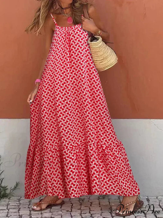 New Sleeveless Print Summer Spaghetti Strap Boho Dress Red / S