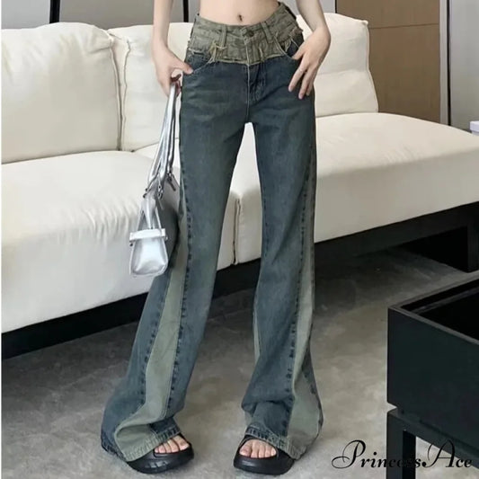 New Splice Slim Raglan Spice Girls High Waist Design Sense Small Public Show Thin Flare Jean deep blue / XS