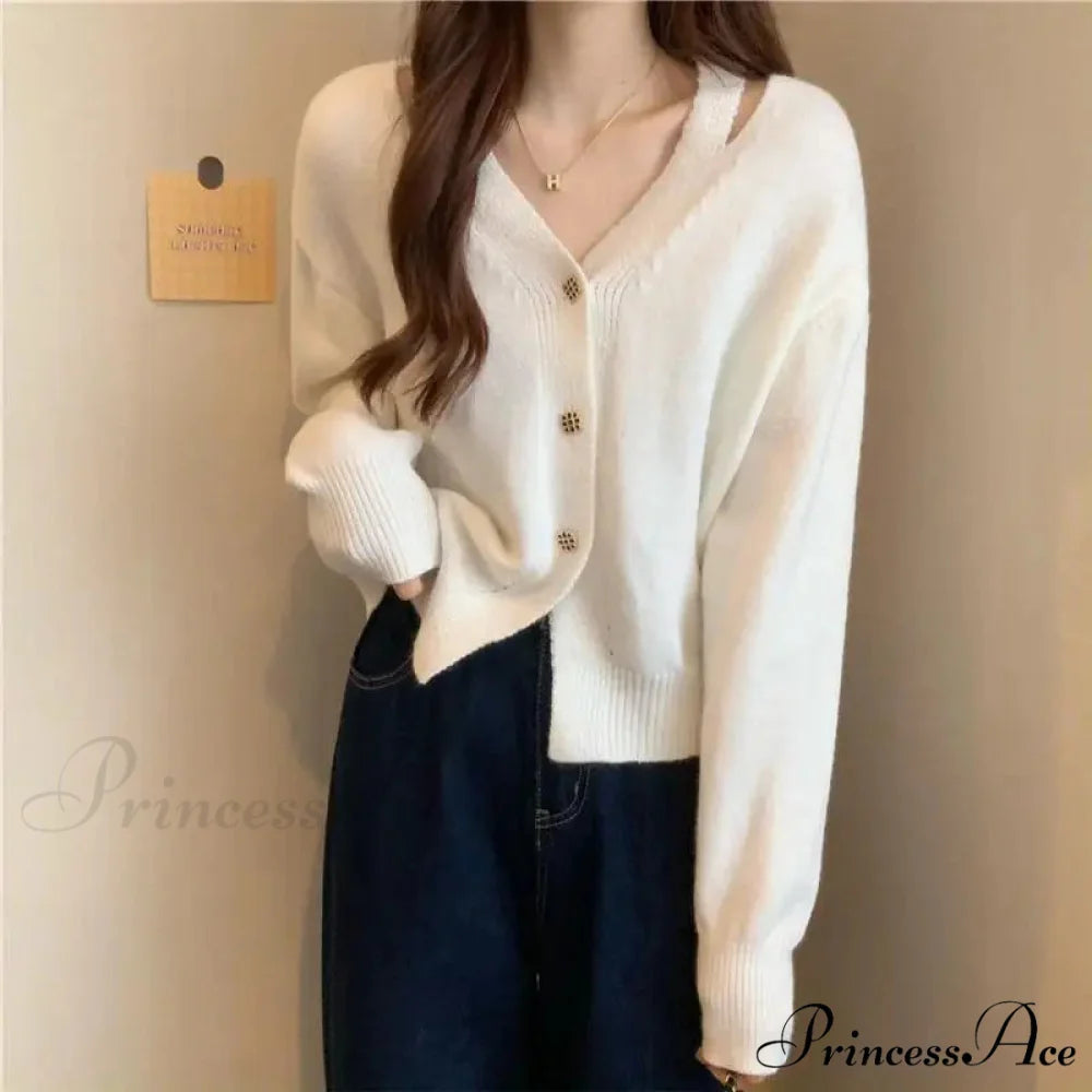 New V-Neck Button Red Knit Tops Stylish Knitwear Christmas Sweater white / M