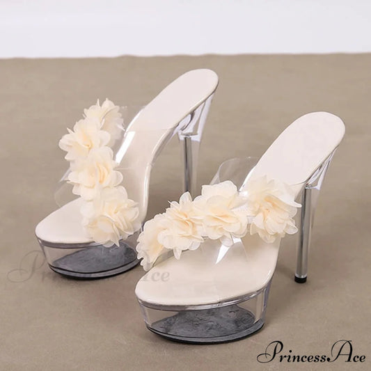 NewFashion Pink Floral Pvc Transparent Super-High Platform Sexy Peep-Toe Slipper High Heel Apricot / 35