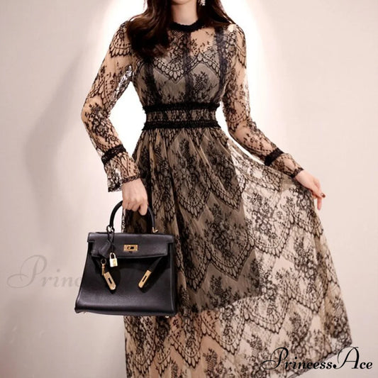 O-Neck Casual Waist Elegant High Party Vintage Femme Lace Sexy Arm Spring Robe Slim Long Outfits Fashion Women OL 2024