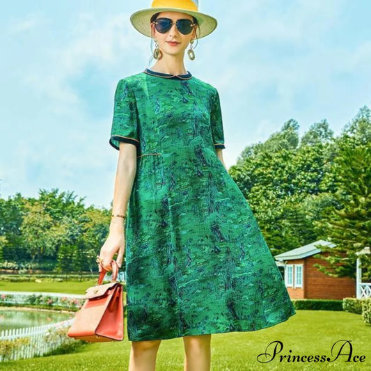 O neck Loose Printed Flowers Dress Green / M