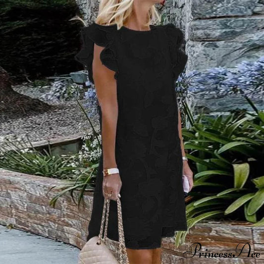 O Neck Party Vestidos Elegant Lace Crochet Dress black / L