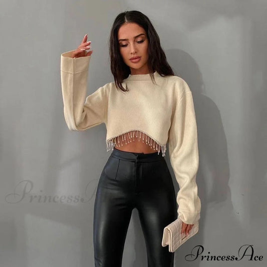 O-neck - Streetwear - Top - Casual 2024 Rhinestone Spring - Long Women’s Arm Tassel Crop - Hem T-shirt 01 White / S