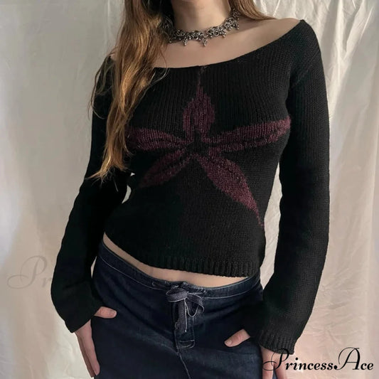 Off Shoulder Artistic Design Sweater Extended Sleeve Knit Top Women BLACK1 / S knittop-250126