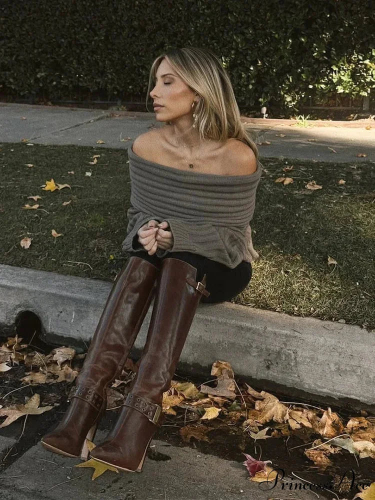 Off Shoulder Banded Long Sleeve Sweater swraters-241228