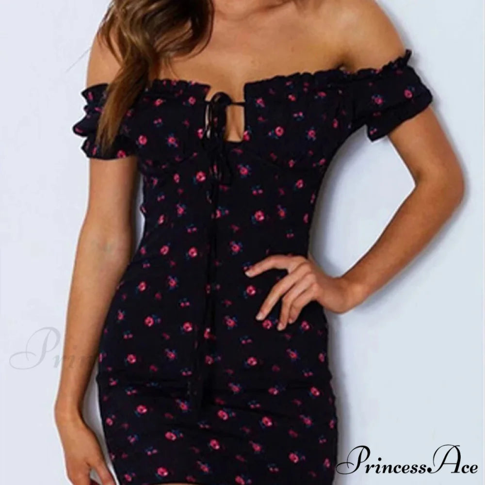 Off Shoulder Bind-Up Flower Pattern Frill Flower Dress Black / S floraldress-250126