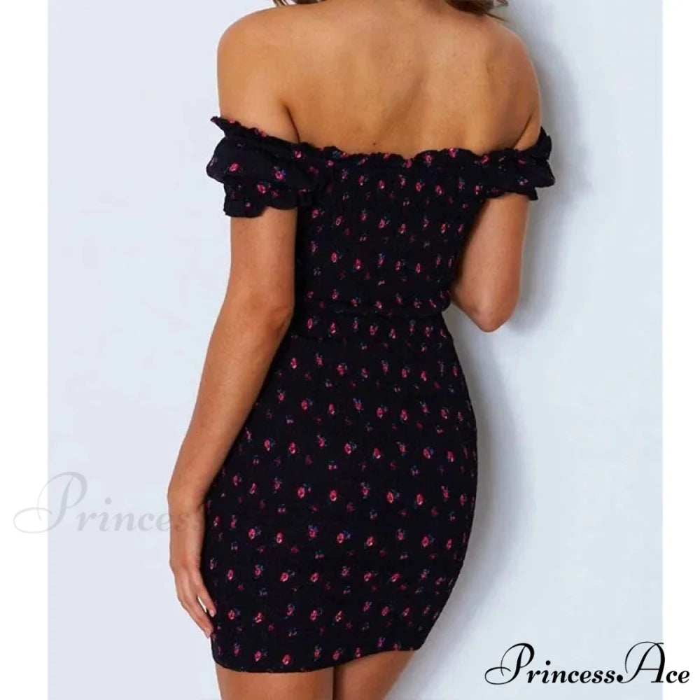 Off Shoulder Bind-Up Flower Pattern Frill Flower Dress floraldress-250126
