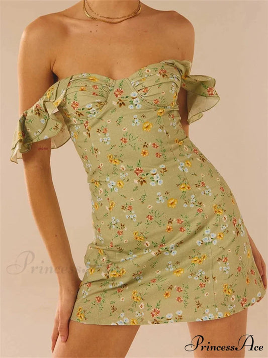 Off Shoulder Casual Sleeveless Floral Print Ruffle Trim Mini Dress GREEN / S