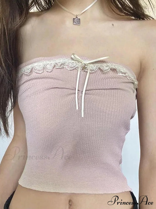 Off Shoulder Crop Kawaii Strapless Casual Pink Tubes Vintage Bow Stitched Sleeveless Vest Women Y2k Summer Tank top