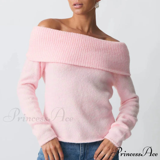 Off Shoulder Cropped Stylish Slouchy Knit Pullover Top Pink / S knittop-250126