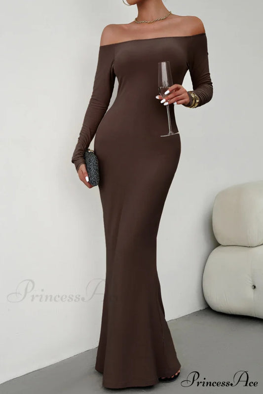 Off Shoulder Fishtail Dress Coffee / M