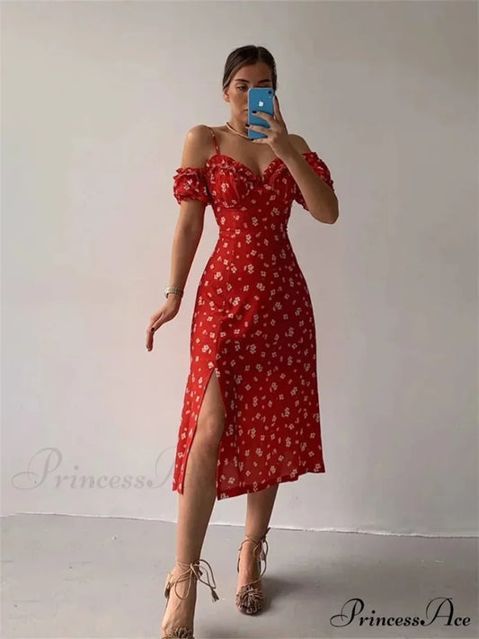 Off Shoulder Frilly Suspender V-neck Split Floral A-Line Midi Dress Red / S