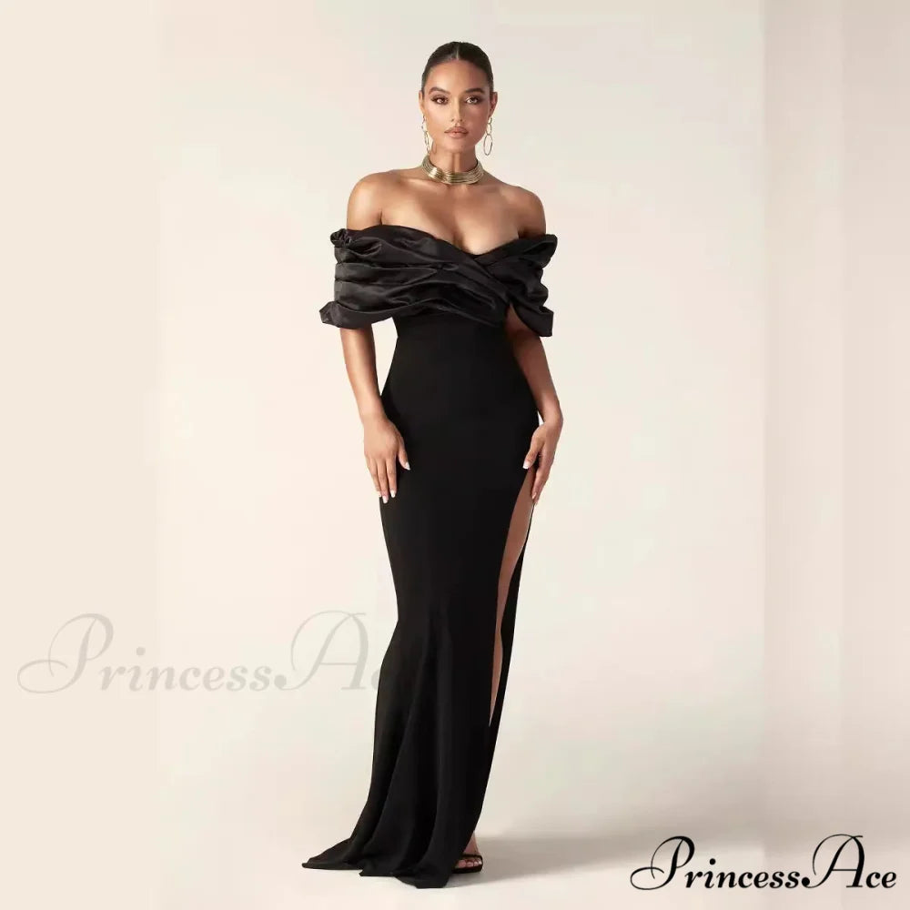 Off-Shoulder Gathered Slit Prom Gown promdress-250223