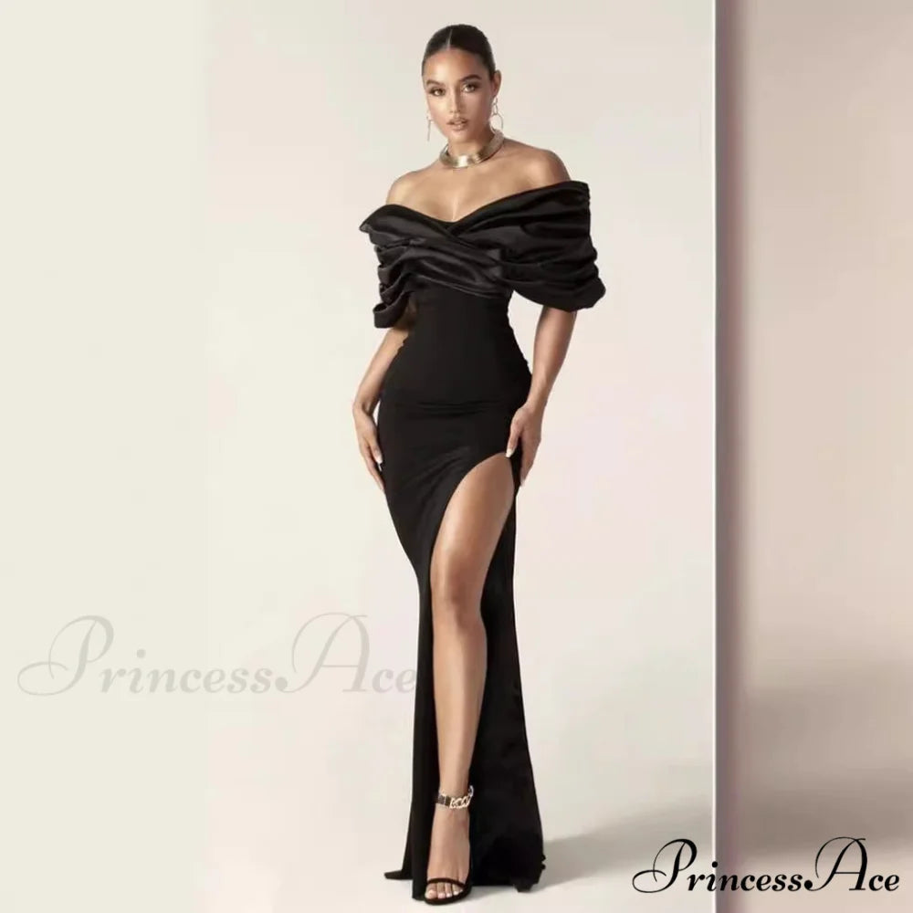 Off-Shoulder Gathered Slit Prom Gown promdress-250223