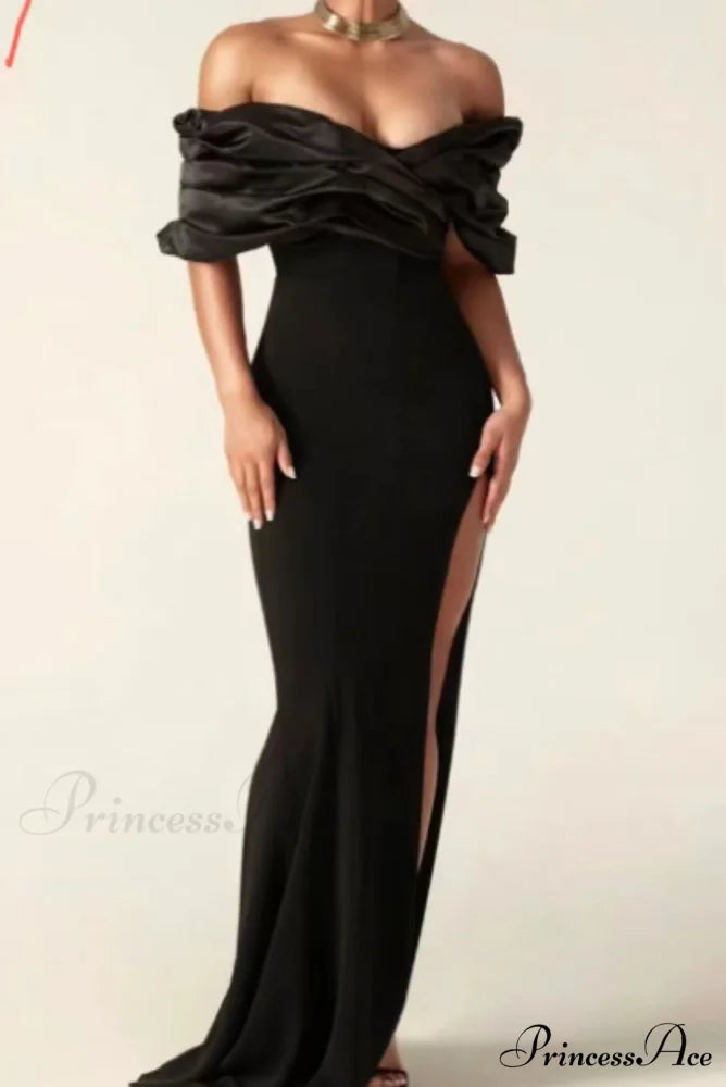 Off Shoulder Gathered Slit Silk Maxi Prom Gown black / S promdress-250223
