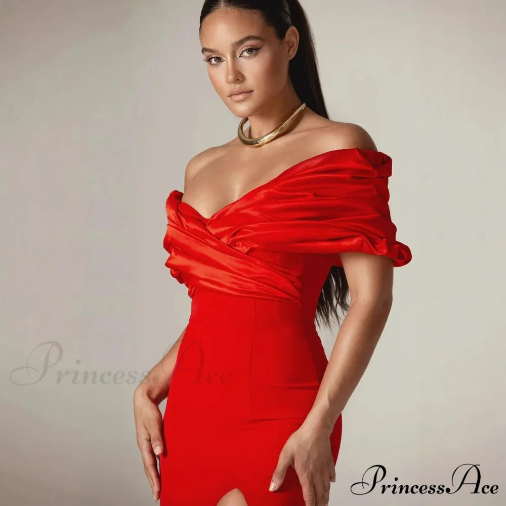 Off Shoulder Gathered Slit Silk Maxi Prom Gown promdress-250223
