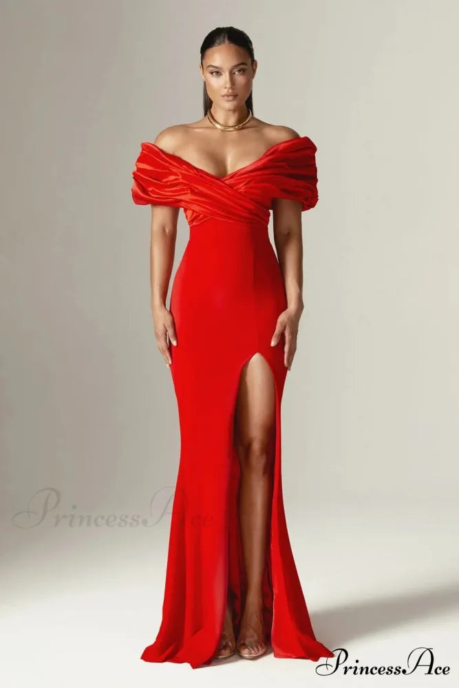 Off Shoulder Gathered Slit Silk Maxi Prom Gown red / S promdress-250223