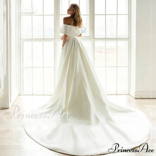 Off-Shoulder Glossy Train Wedding Gown weddingdress-250223