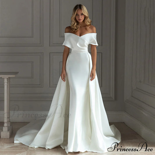 Off-Shoulder Glossy Train Wedding Gown White / XS weddingdress-250223