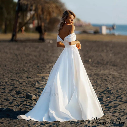 Off-Shoulder Glossy Transparent Wedding Gown lvory white / 2 weddingdress-250223