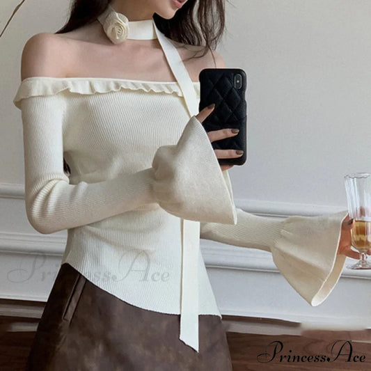 Off Shoulder Knit Crop Long Flare Sleeve Frill Trim Knit Top knittop-250126