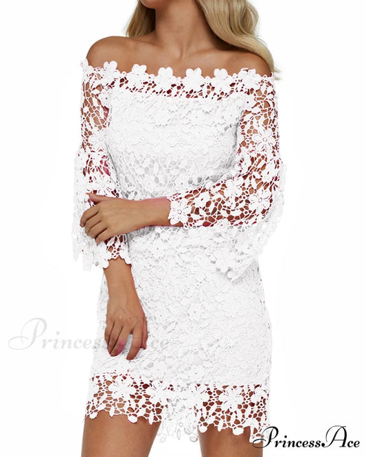 Off Shoulder Lace Patchwork Mini Dress with Flare Sleeves S / Pink