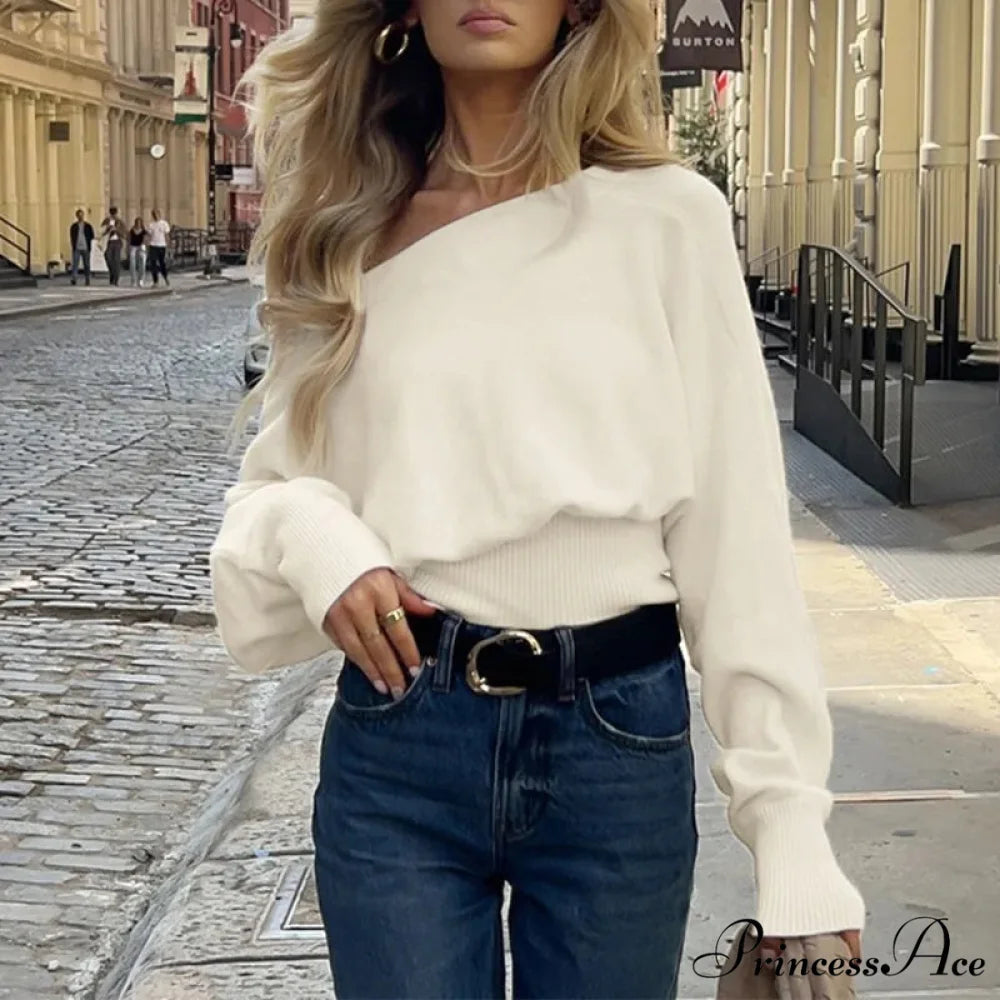 Off-Shoulder Lengthy-Sleeved Knitted Jumper Apricot / S swraters-241228
