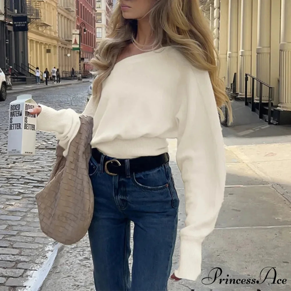 Off-Shoulder Lengthy-Sleeved Knitted Jumper swraters-241228