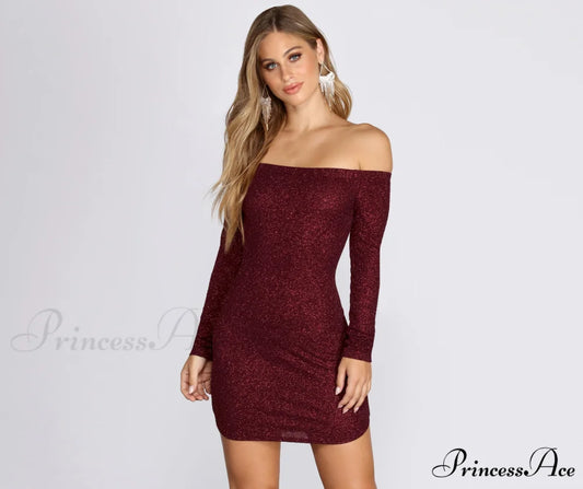 Off Shoulder Long Charming Sleeve Glittering Mini Dress BURGUNDY / XS