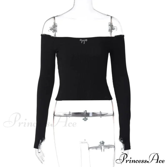 Off-shoulder Long Sleeve Charming Backless Bow Crop Top black / S
