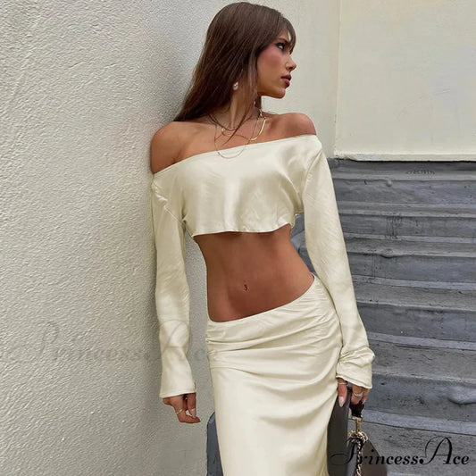 Off Shoulder Long Sleeve Top and Skirt 2 Piece Set Asymmetric Silky Co-Ords Matching Sets Midi Dress apricot / S