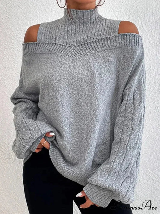 Off Shoulder Partially High Neck Knit Sweater Grey / S swraters-241228