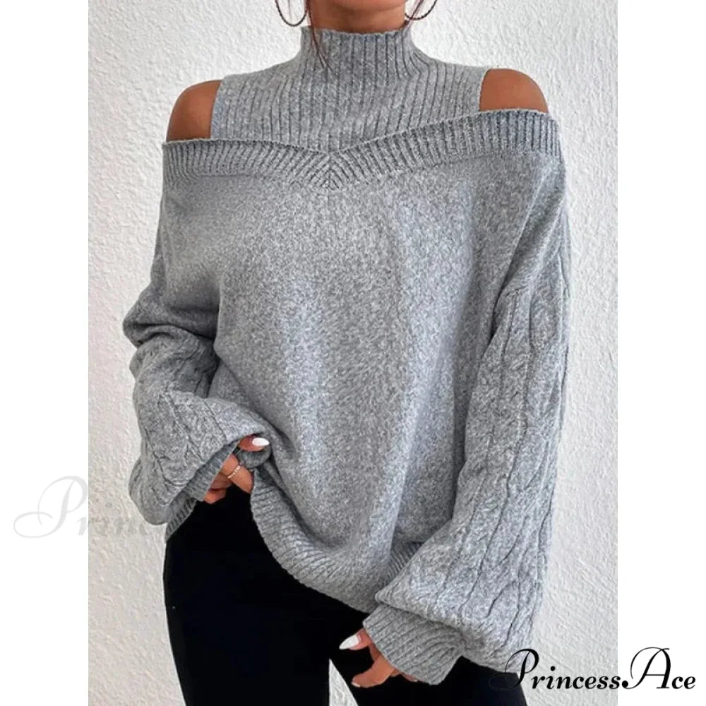 Off Shoulder Partially High Neck Knit Sweater swraters-241228