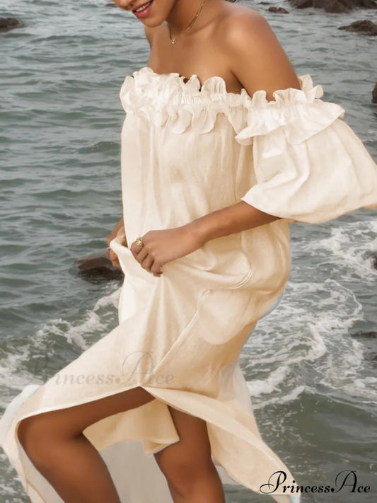 Off Shoulder Ruffle Puff Graceful Sleeve Pocketed Midi Dress White / M