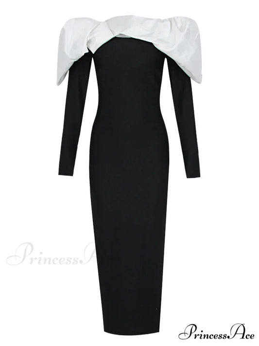 Off Shoulder Satin Charming Long SLeeve Midi Dress Black / S