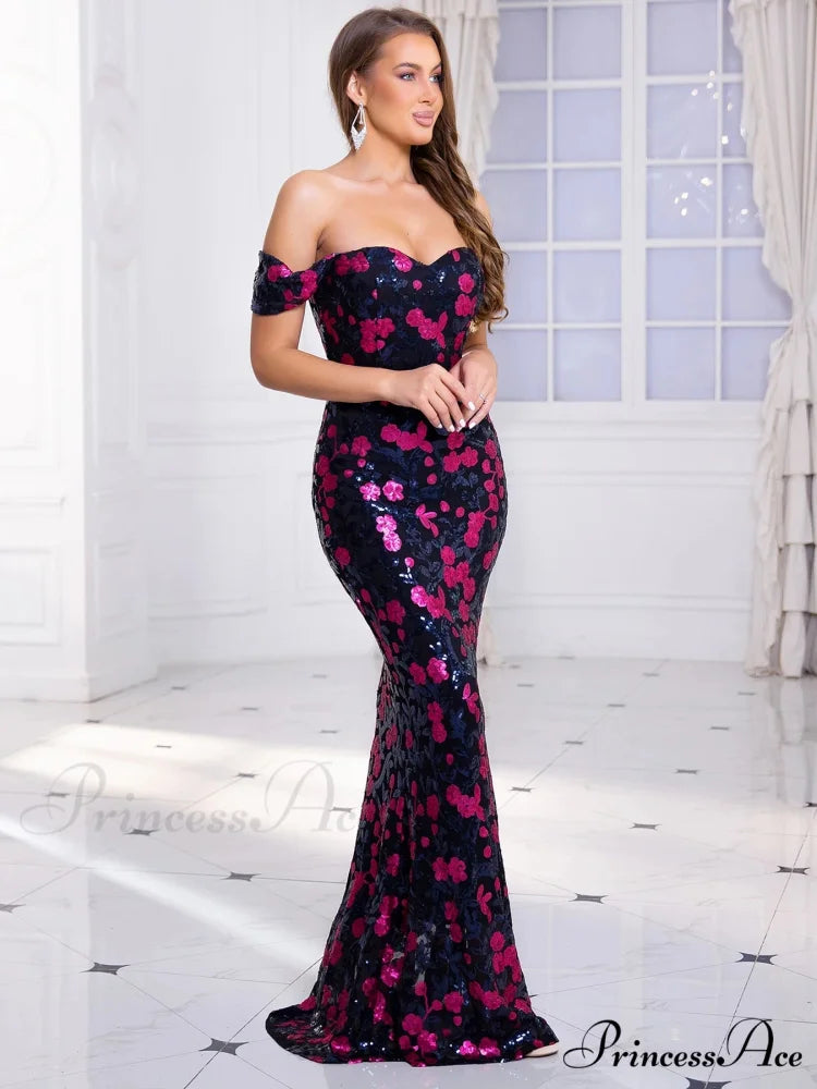 Off-Shoulder Sequin Party Dress Pink / S