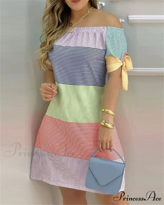 Off Shoulder Sexy Short Sleeve Bow Tie Striped Floral Print Mini Dress Color 3 / S