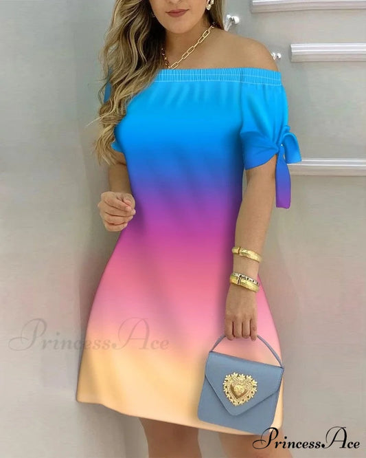 Off Shoulder Sexy Short Sleeve Bow Tie Striped Floral Print Mini Dress Color 5 / S