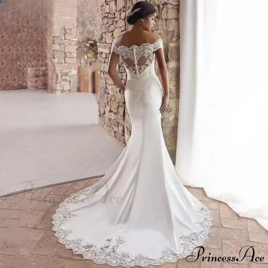 Off-Shoulder Silk Lace Mermaid Wedding Gown lvory white / 2 weddingdress-250223