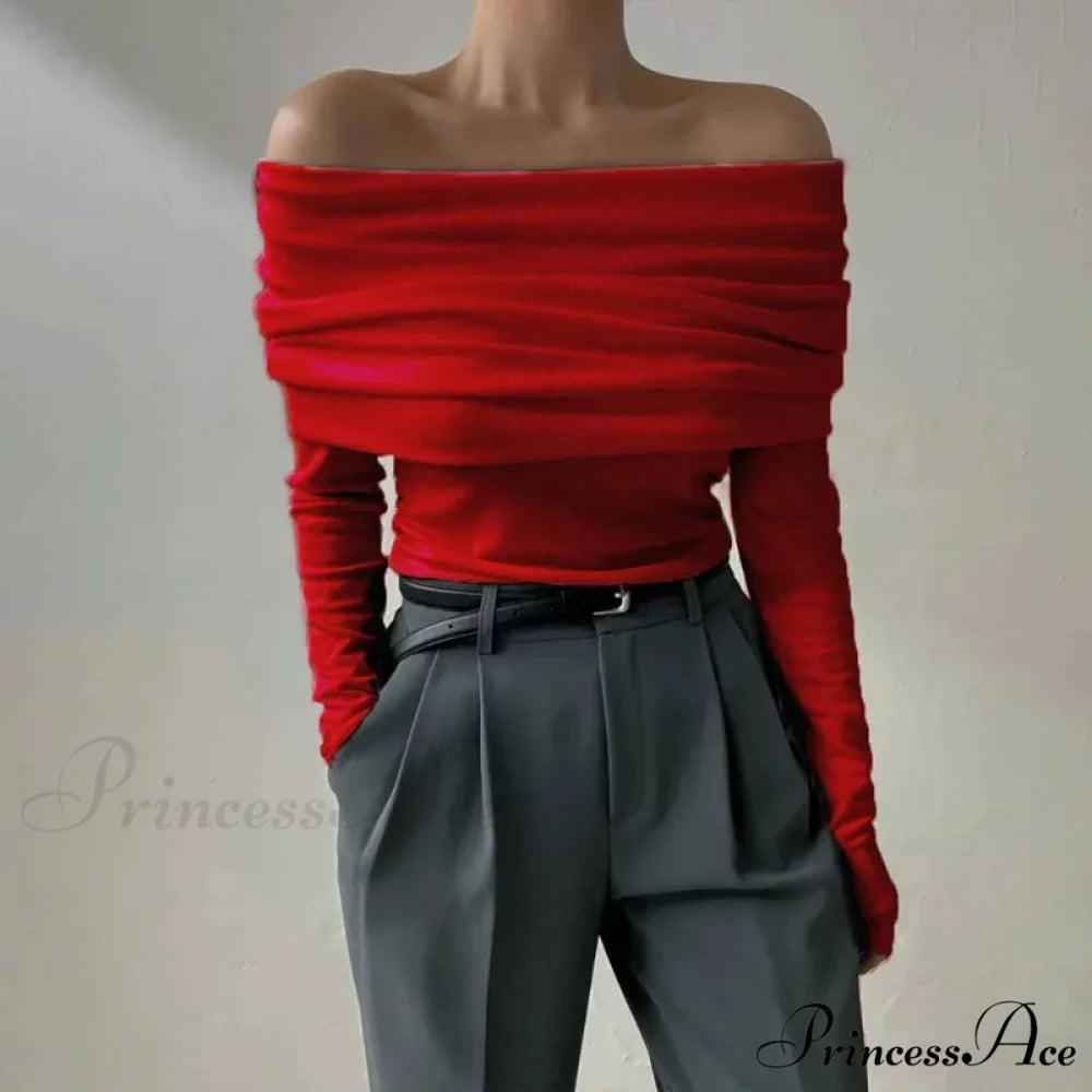 Off-Shoulder Sleek Long Sleeve Pleated Jumper swraters-241228
