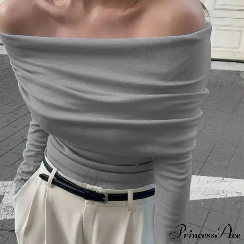 Off-Shoulder Sleek Long Sleeve Pleated Jumper swraters-241228