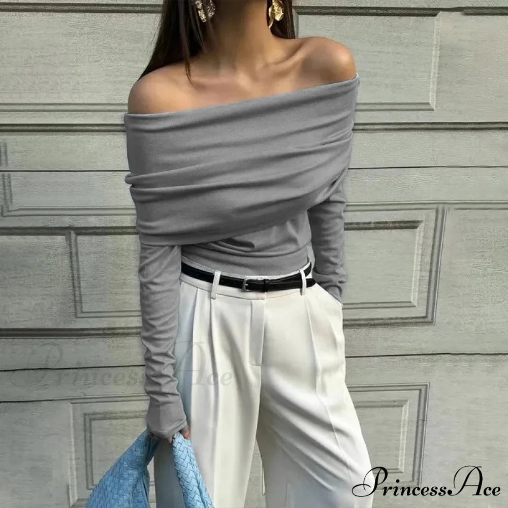 Off-Shoulder Sleek Long Sleeve Pleated Jumper swraters-241228