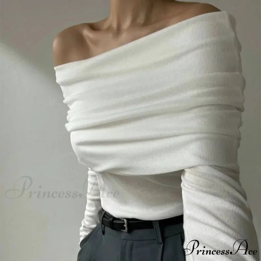 Off-Shoulder Sleek Long Sleeve Pleated Jumper swraters-241228