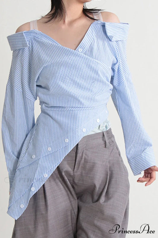 Off Shoulder Striped Blouse with Irregular Long Sleeves Blue / S