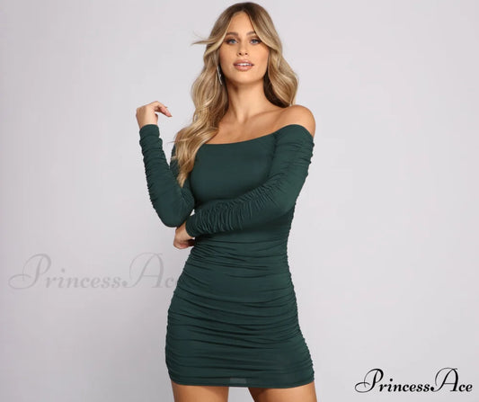 Off the Shoulder Charming Long Sleeve Mini Dress HUNTER / XS