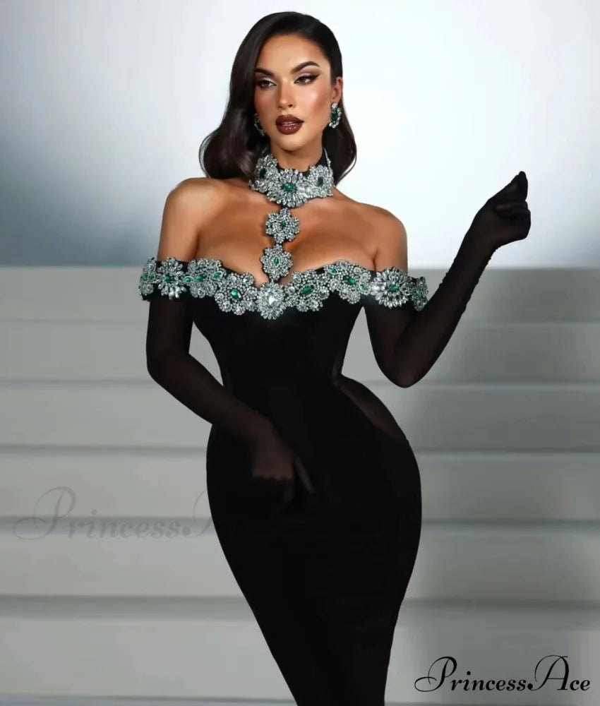 Off-The-Shoulder Halter Ankle-Length Party Dress Black / XS