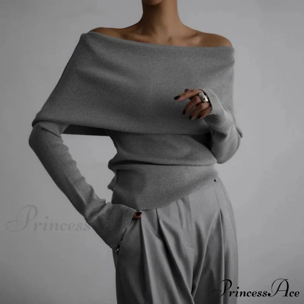 Off-The-Shoulder Monochrome Extended Sleeve Knitted Jumper GRAY / S swraters-241228