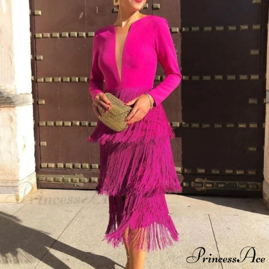 Office Ladies New Rose Red Fringe Sexy Dress Rose Red / XL